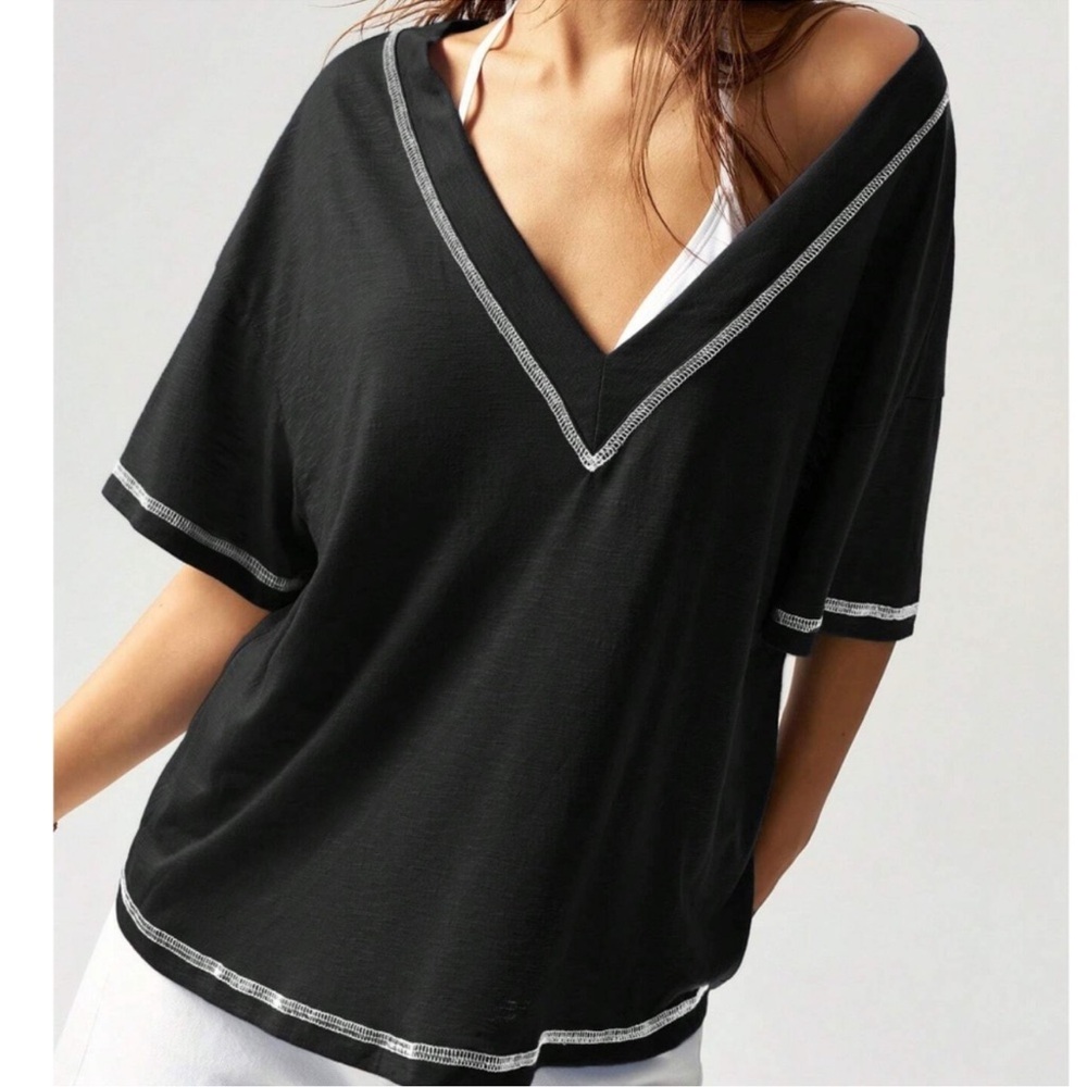 Solid Reverse Stitch V Neck Oversized Tee Top S M… - image 2